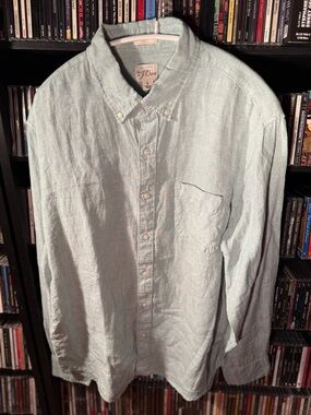 J. Crew 100% Irish Linen button down in light green, Baird McNutt fabric
